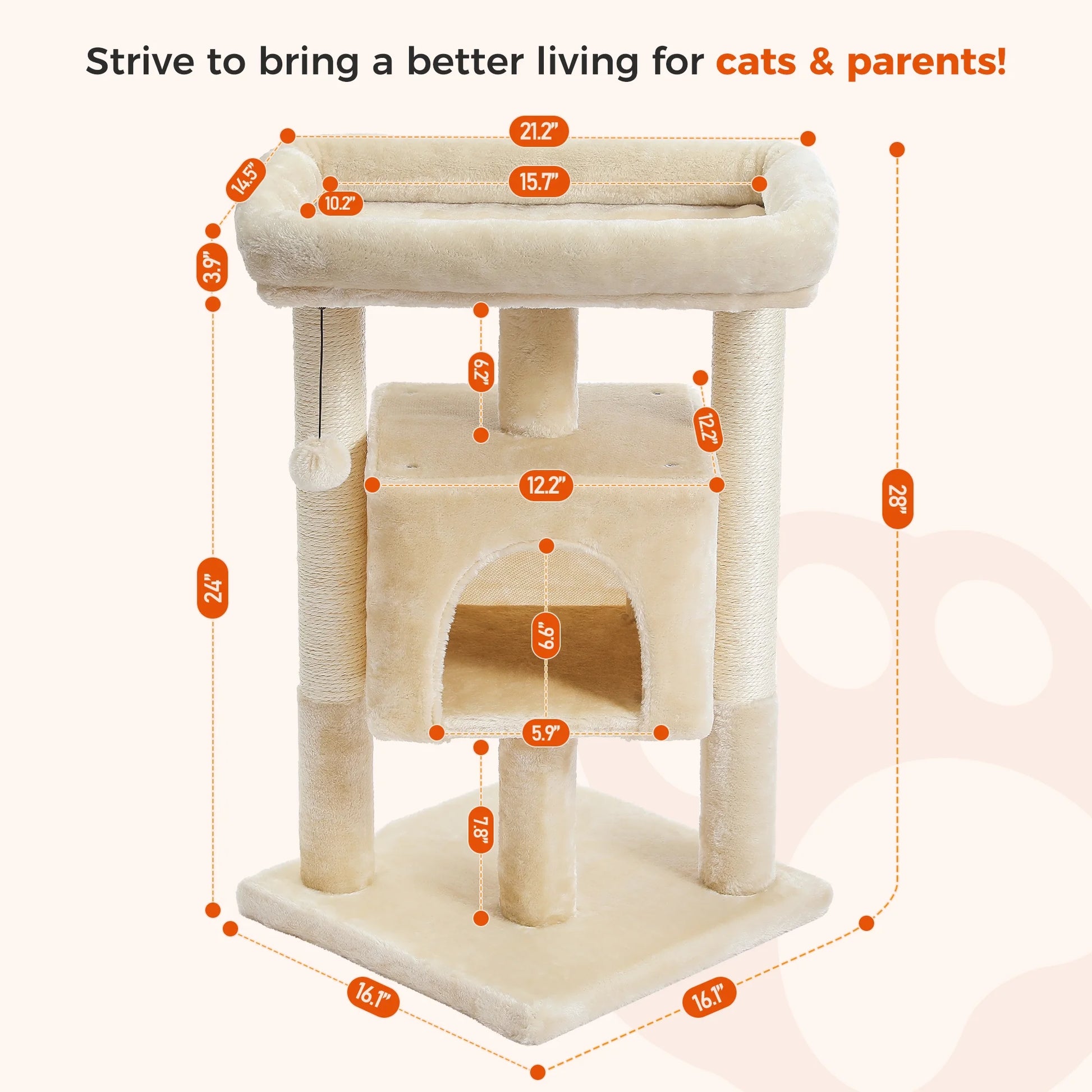 28" Small Cat Tree Cat Tower with Big Top Perch for Kittens & Medium Size Cats, Beige