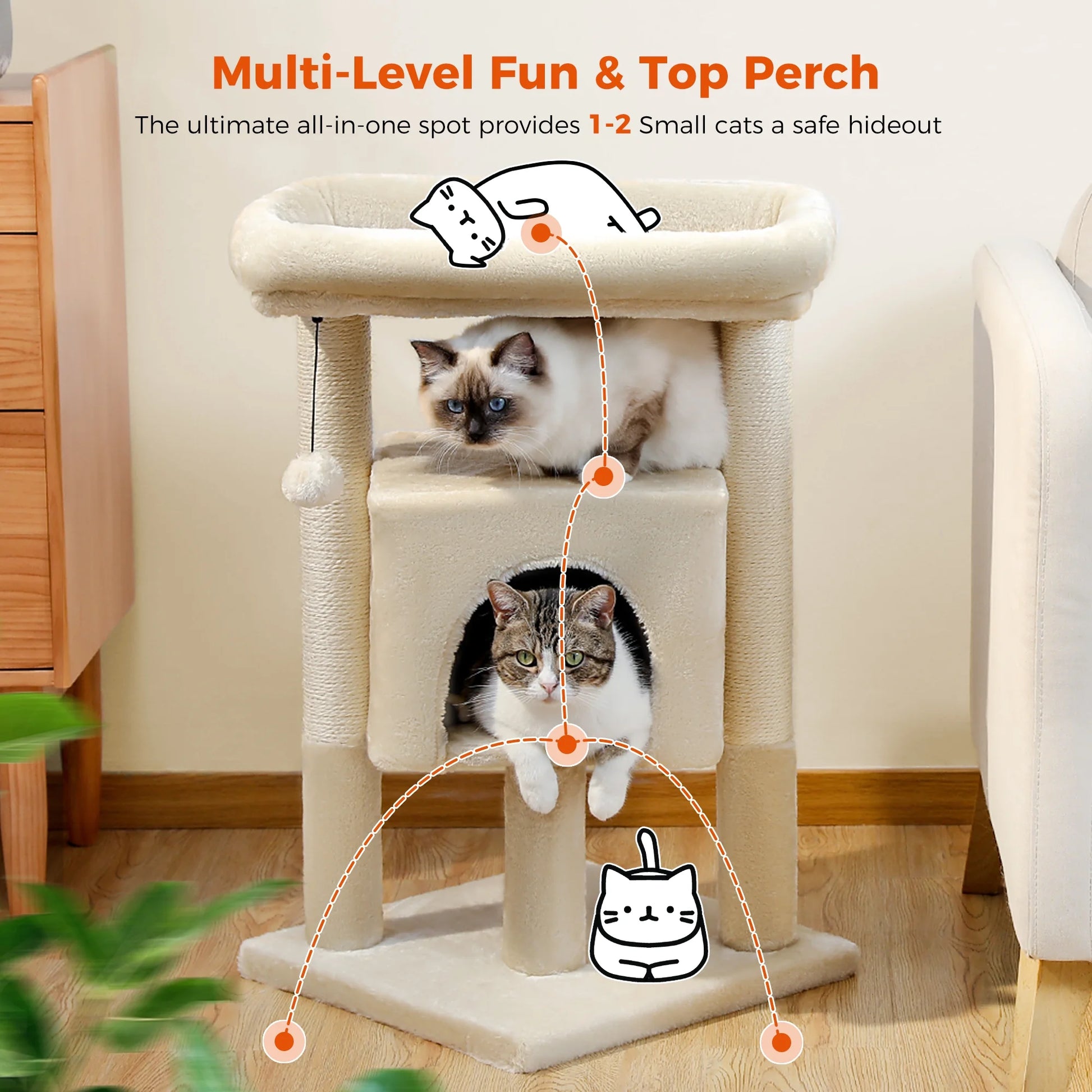 28" Small Cat Tree Cat Tower with Big Top Perch for Kittens & Medium Size Cats, Beige