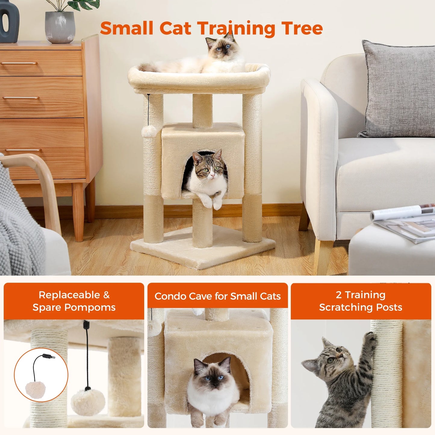 28" Small Cat Tree Cat Tower with Big Top Perch for Kittens & Medium Size Cats, Beige