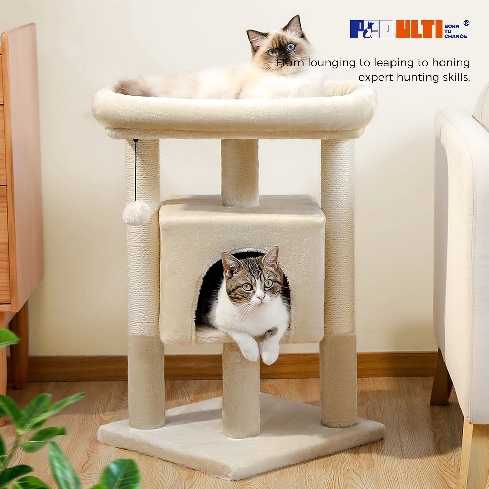 28" Small Cat Tree Cat Tower with Big Top Perch for Kittens & Medium Size Cats, Beige