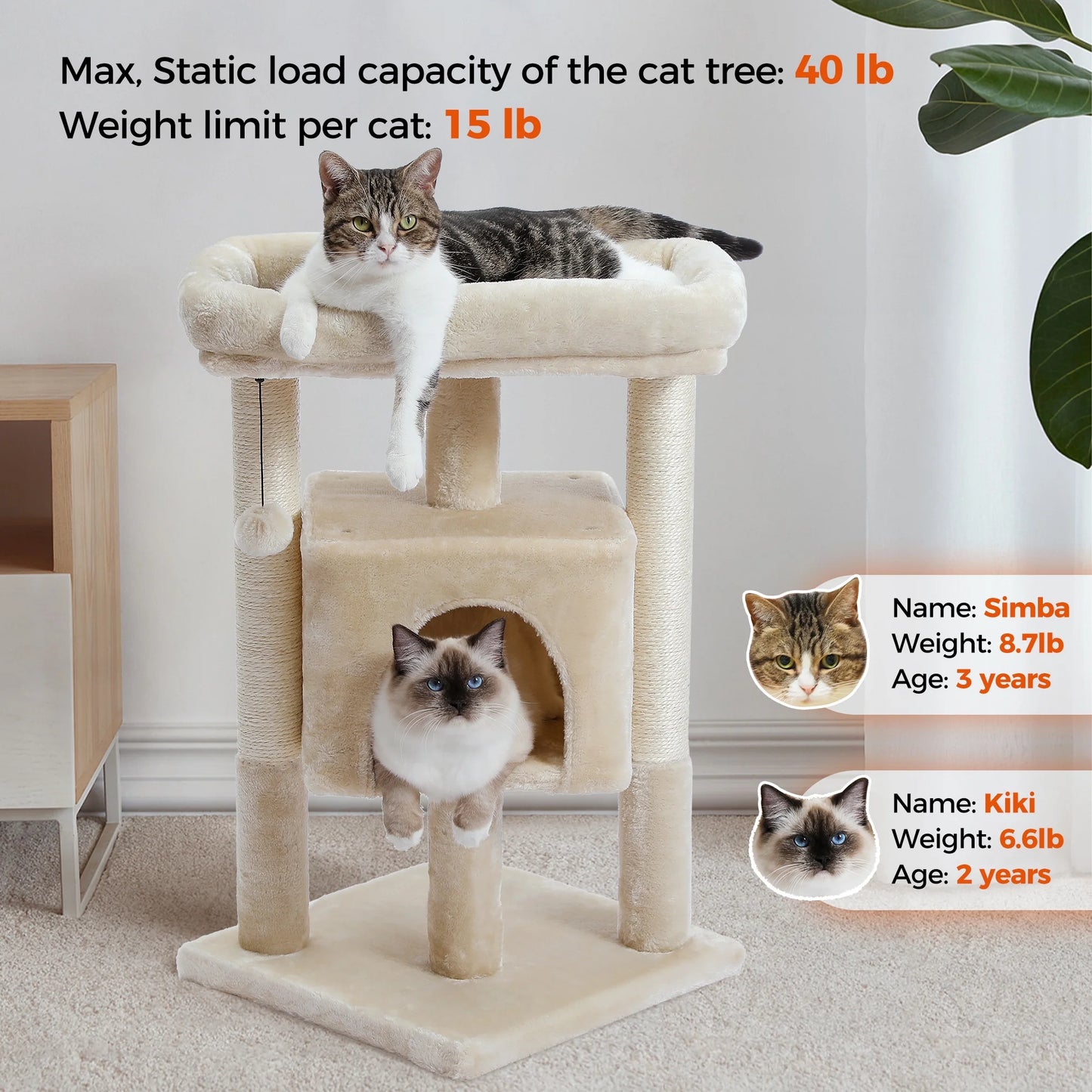 28" Small Cat Tree Cat Tower with Big Top Perch for Kittens & Medium Size Cats, Beige