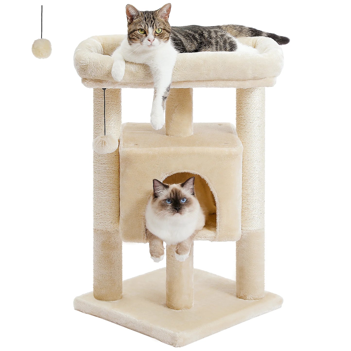 28" Small Cat Tree Cat Tower with Big Top Perch for Kittens & Medium Size Cats, Beige