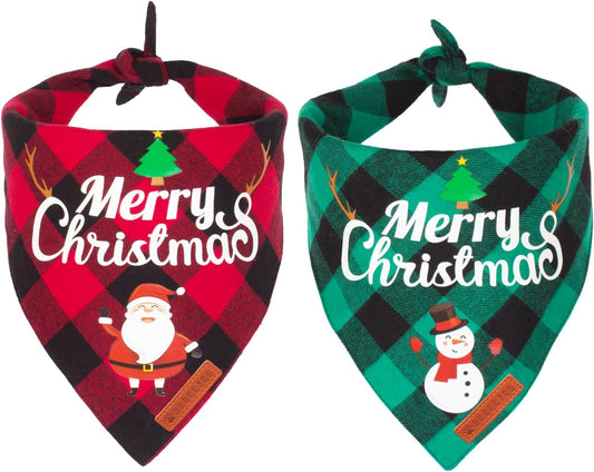 2 Pack Dog Bandana Christmas Classic Plaid Pet Scarf Triangle Bibs Kerchief Merry Christmas Santa Snowman Print Pet Bandana for Medium Large Dogs Pets (Christmas-1, Large)