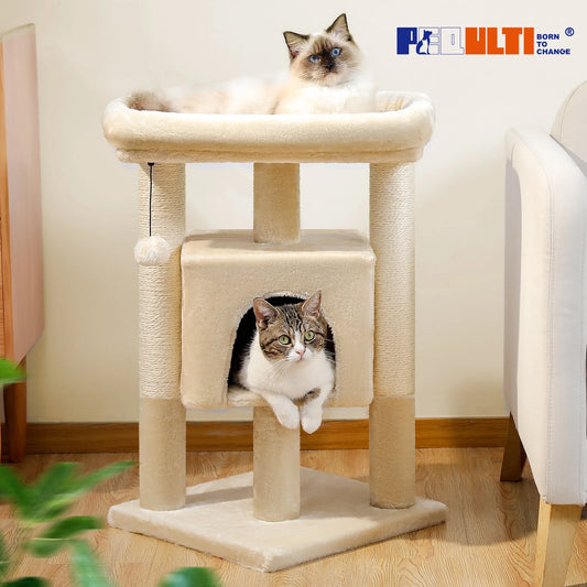 28" Small Cat Tree Cat Tower with Big Top Perch for Kittens & Medium Size Cats, Beige